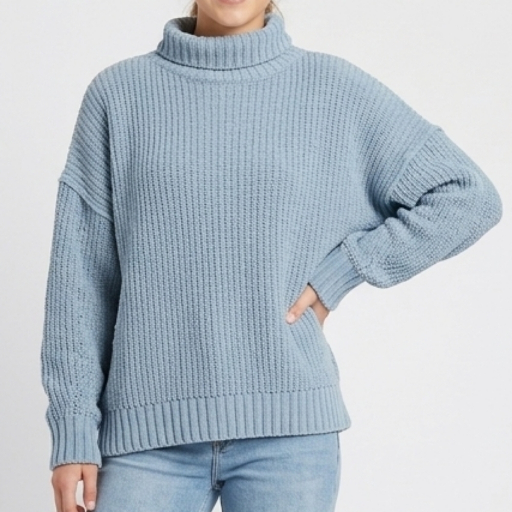 Aerie Oversized Chenille Turtleneck Sweater Blue Size Small